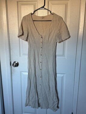 Pull&Bear Neutral Beige Button Front Short Sleeve Midi Dress S